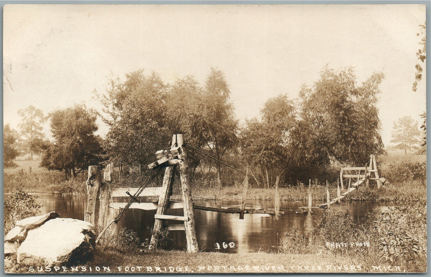 THREE RIVERS MI SUSPENTION FOOT BRIDGE ANTIQUE REAL PHOTO POSTCARD RPPC