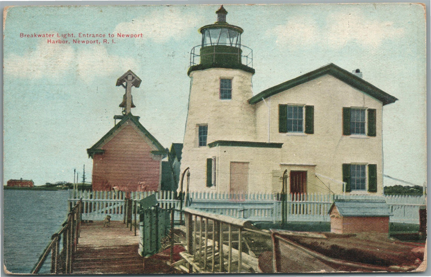 NEWPORT RI BREAKWATER LIGHT ANTIQUE POSTCARD
