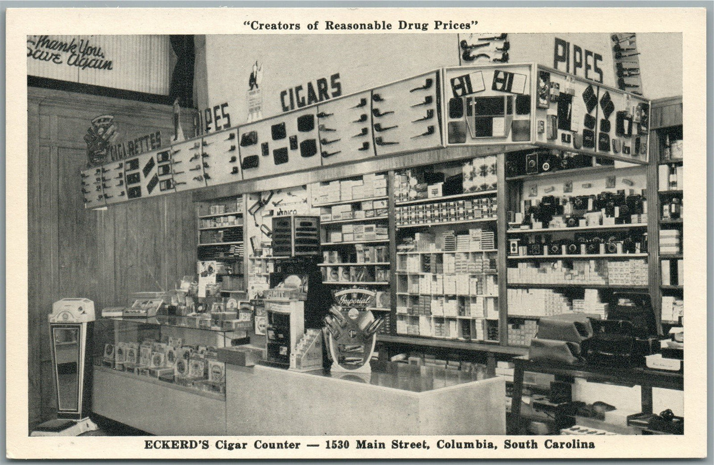 COLUMBIA SC ECKERD'S PHARMACY CIGAR COUNTER ANTIQUE POSTCARD
