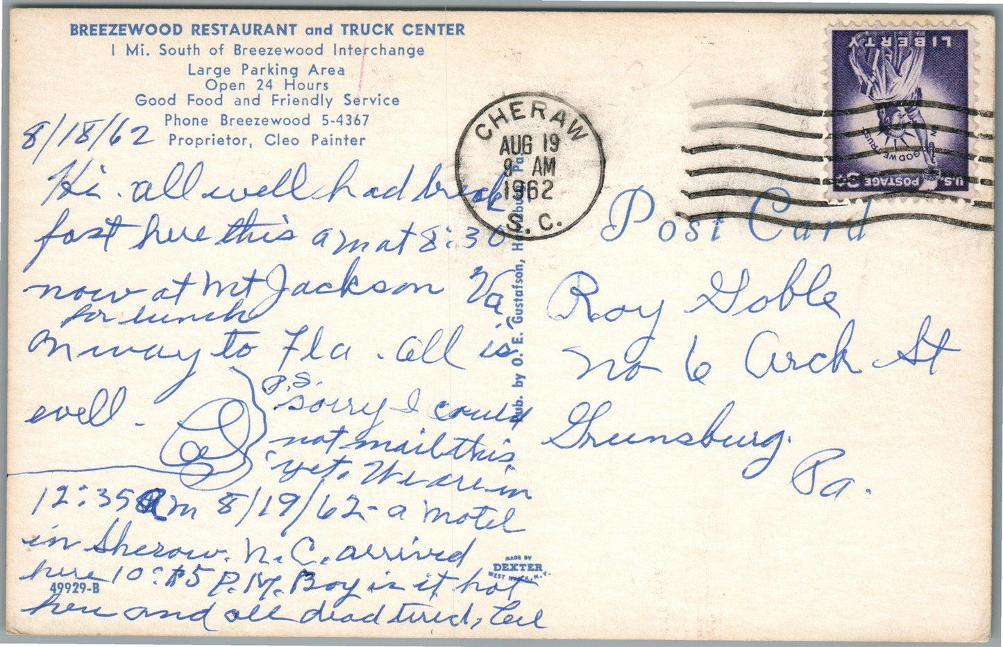 BREEZEWOOD SC RESTAURANT & TRUCK CENTER VINTAGE POSTCARD