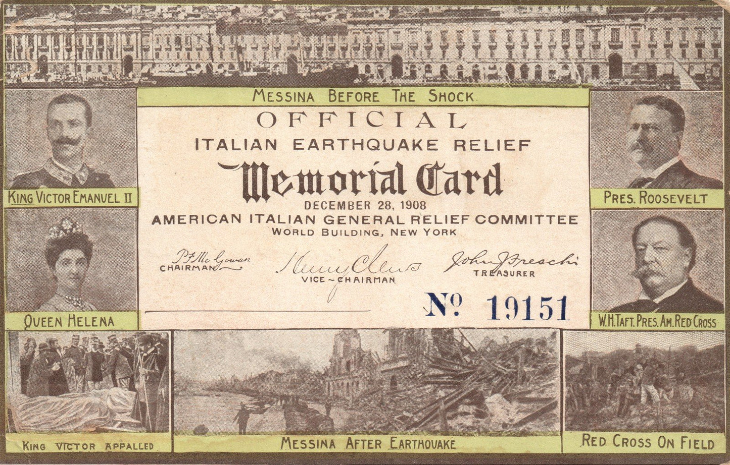 ITALIAN EARTHQUAKE RELIEF MEMORIAL CARD AMERICAN COMMITTEE ANTIQUE POSTCARD