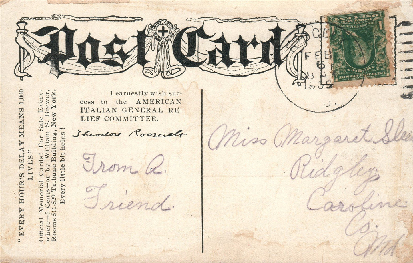 ITALIAN EARTHQUAKE RELIEF MEMORIAL CARD AMERICAN COMMITTEE ANTIQUE POSTCARD