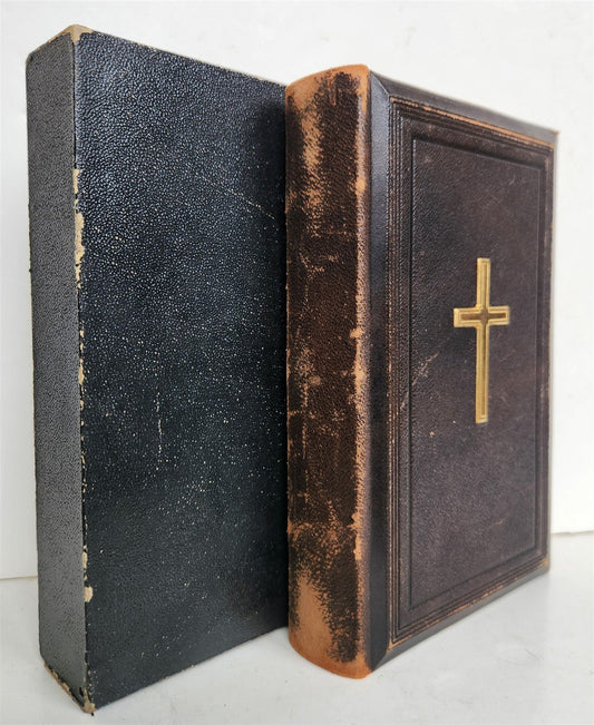 1886 RELIGIOUS BOOK in German ANTIQUE leather binding w/ metal cross STETTIN