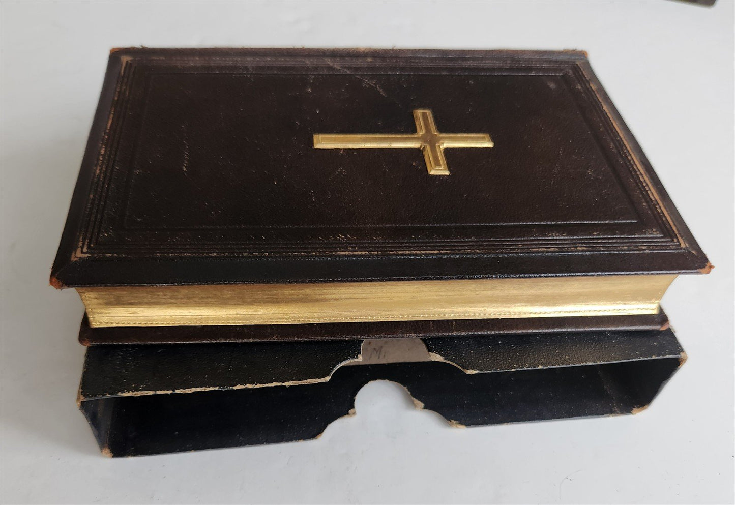 1886 RELIGIOUS BOOK in German ANTIQUE leather binding w/ metal cross STETTIN