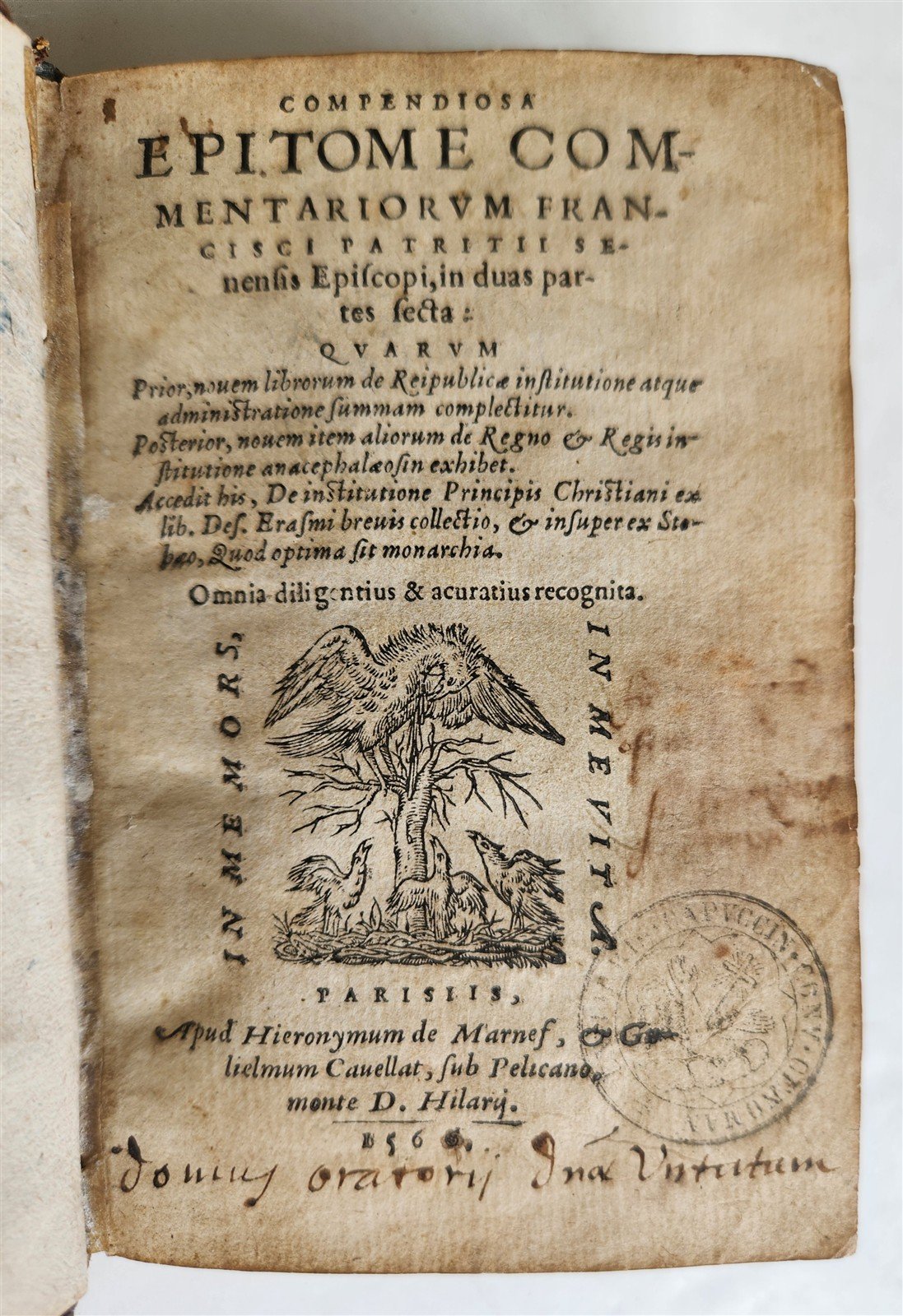 1559 POLITICAL TREATISE by Franciscus Patricius ANTIQUE original 16th c. binding