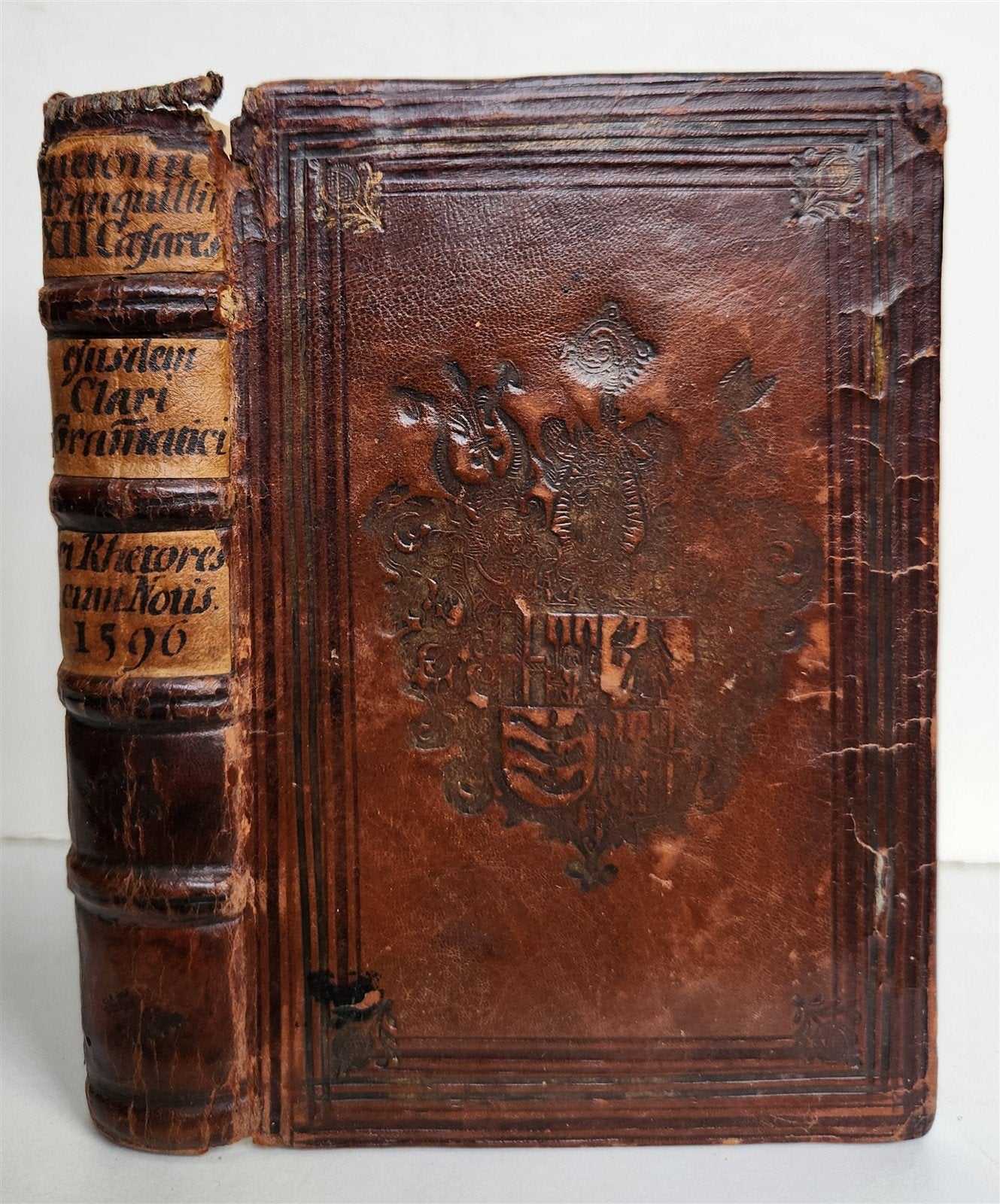 1596 LIFE of TWELVE CAESARS by Suetonius PLANTIN PRESS antique ARMORIAL BINDING