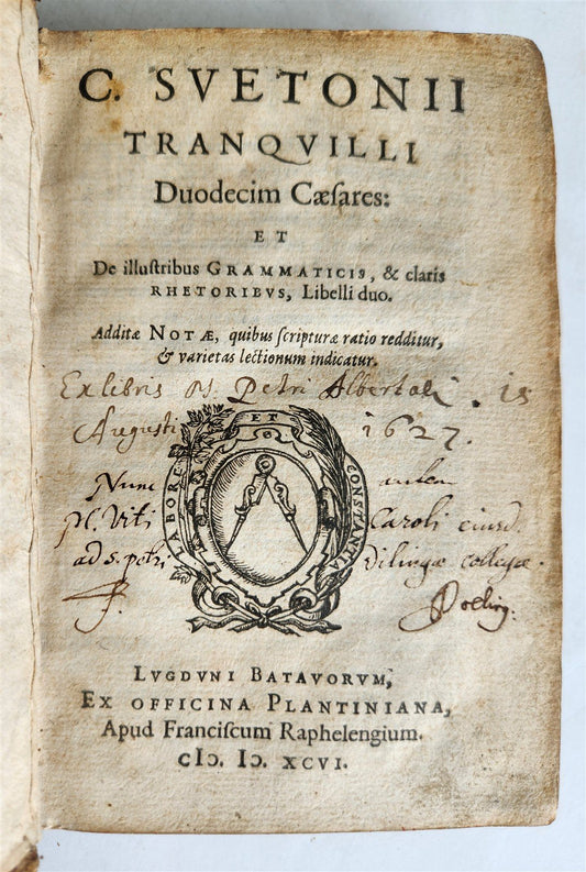 1596 LIFE of TWELVE CAESARS by Suetonius PLANTIN PRESS antique ARMORIAL BINDING
