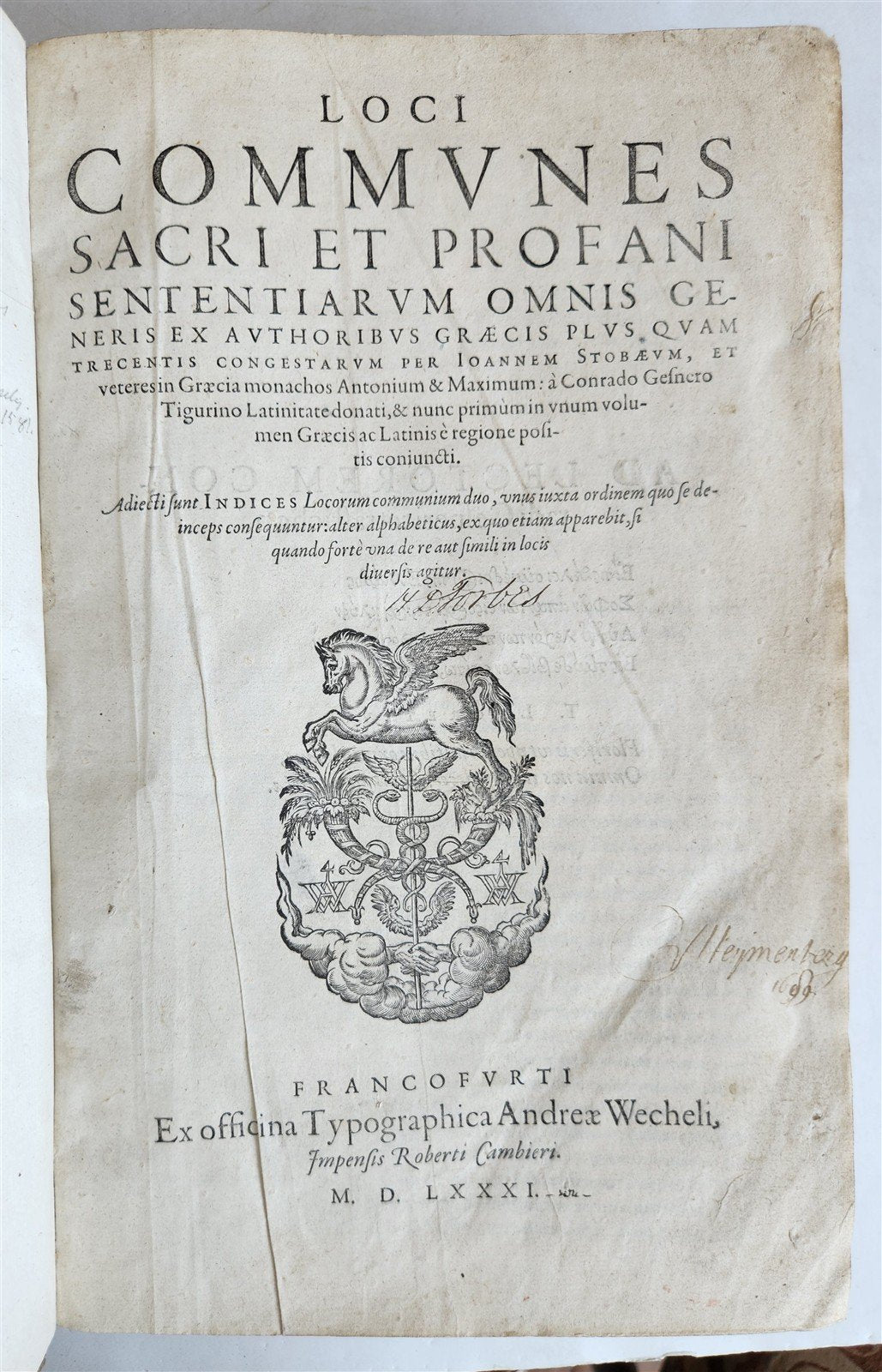 1581 GREEK ANCIENT AUTHORS WORK antique Loci communes sacri et profani FOLIO