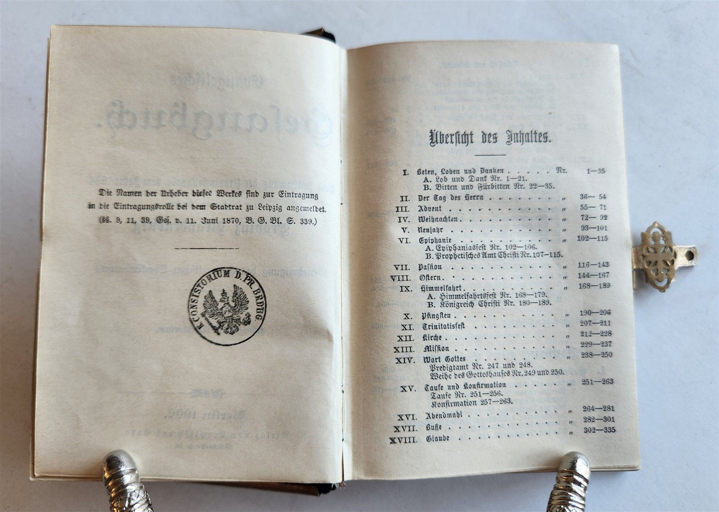 1902 GERMAN HYMNAL SONG BOOK VELVET BINDING w/ BRASS EDGES & CROSS antique