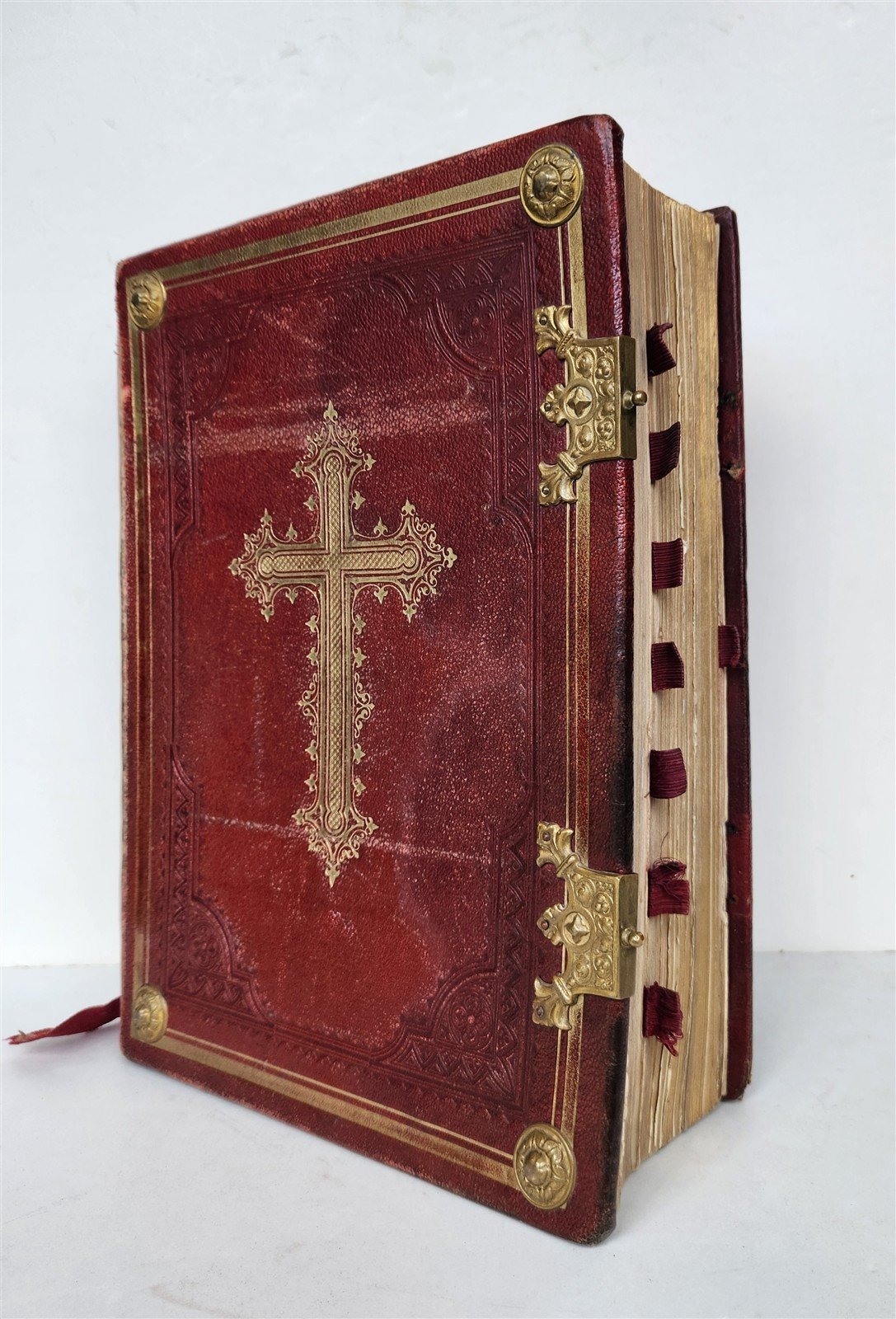 1905 MISSAL FOLIO antique LEATHER BINDING w/ BRASS FITTINGS Missale Romanum