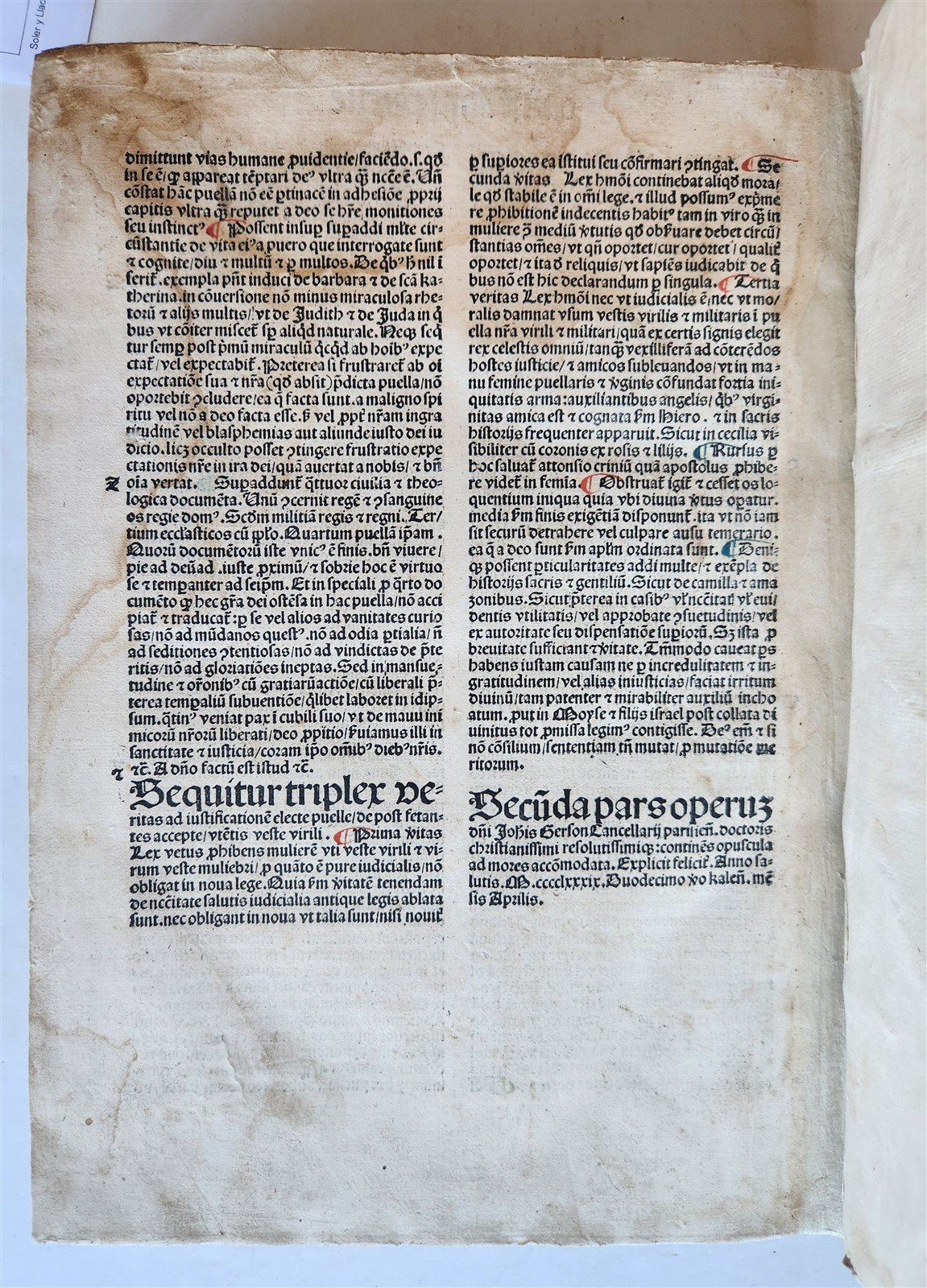 1489 INCUNABULA by JOHANNIS DE GERSON antique VELLUM BINDING OPERA MORALIA