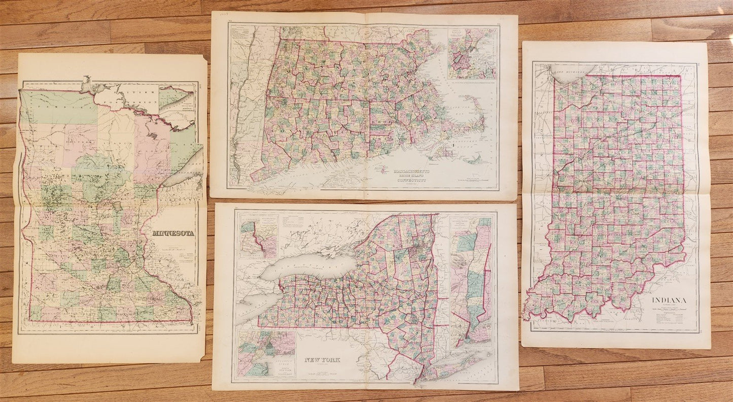 1870s LOT of 4 antique MAPS AMERICANA Indiana Minnesota New York Massachusets