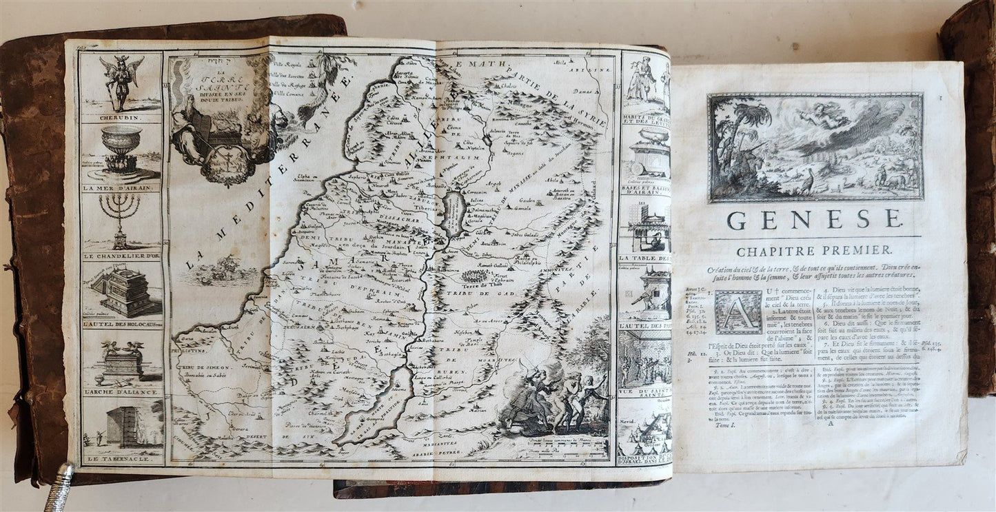 1700 BIBLE in FRENCH 3 VOLUMES antique ILLUSTRATED w/ MAP La Sainte Bible