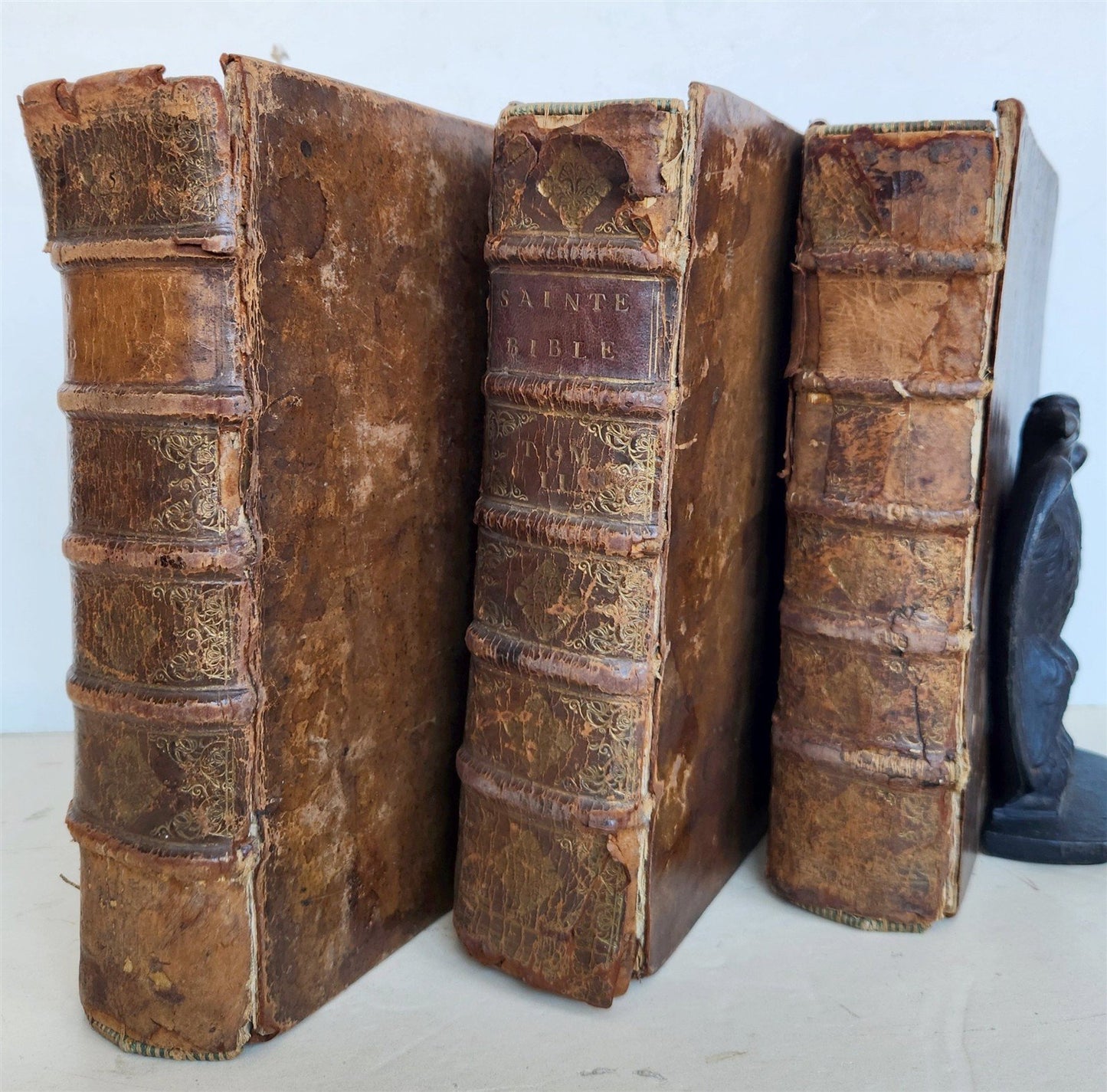 1700 BIBLE in FRENCH 3 VOLUMES antique ILLUSTRATED w/ MAP La Sainte Bible