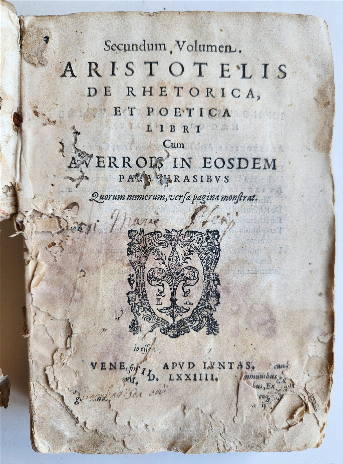1574 ARISTOTLE antique ARISTOTELIS DE RHETORICA et POETICA 16 cent. VELLUM BOUND