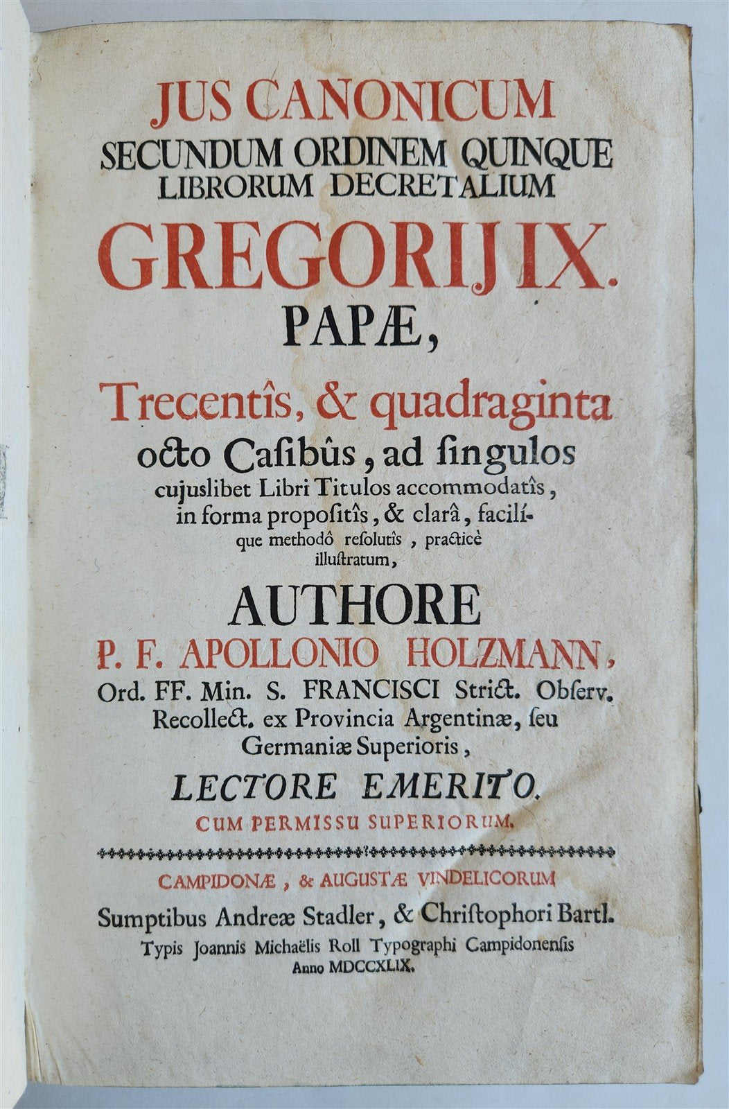 1749 CANON LAW antique PIGSKIN BOUND FOLIO