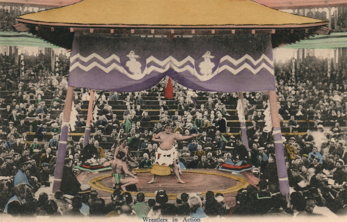 JAPAN SUMO WRESTLERS in ACTION ANTIQUE POSTCARD