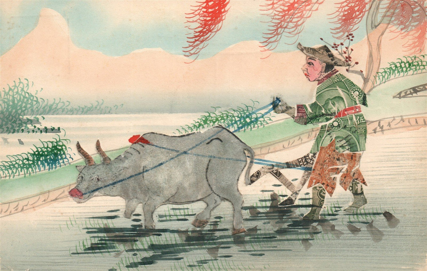 CHINESE STAMPS ART COLLAGE HAND DRAWN CHRISTMAS ANTIQUE POSTCARD