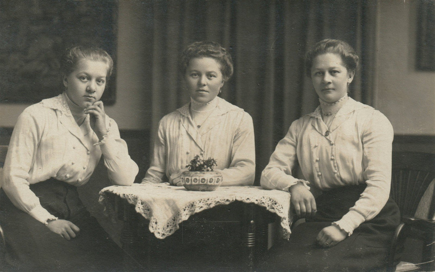 THREE LADIES AT THE TABLE ANTIQUE REAL PHOTO POSTCARD RPPC