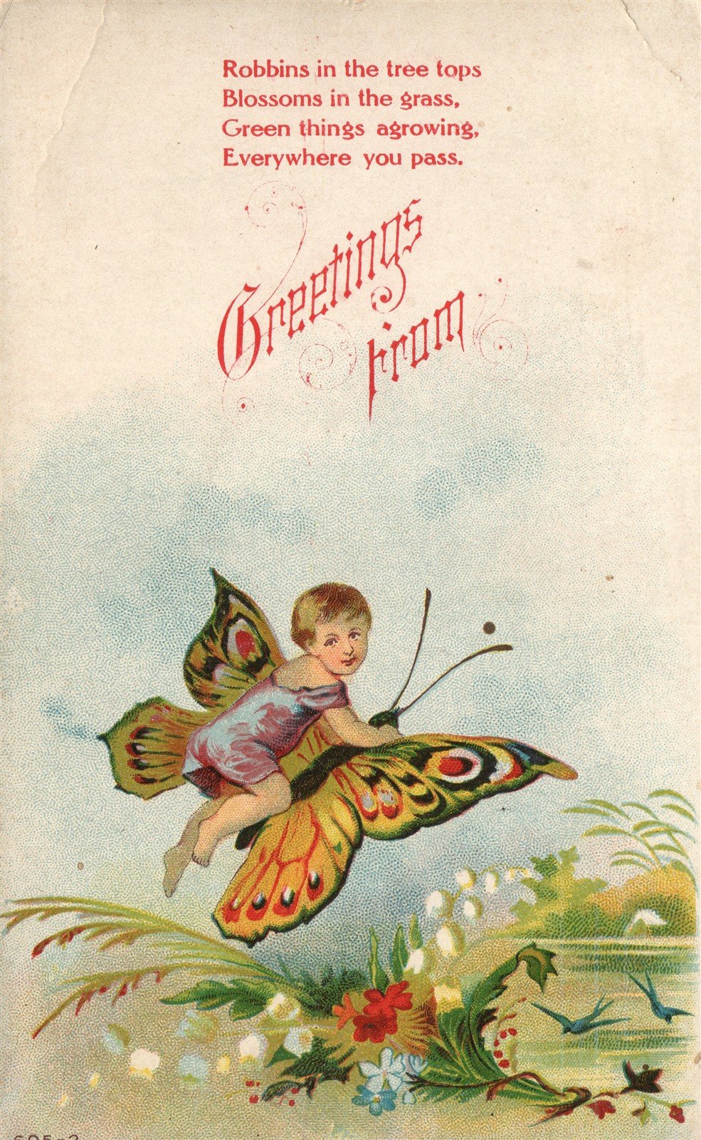 BABY w/ BUTTERFLY ANTIQUE POSTCARD