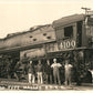 LOCOMOTIVE w/ AMERICAN FLAGS TRAIN RAILROAD ANTIQUE REAL PHOTO POSTCARD RPPC