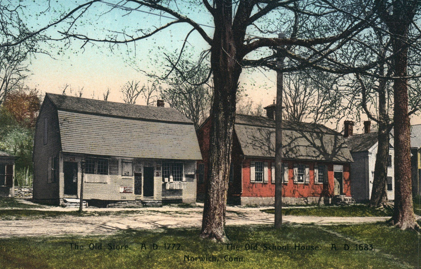 NORWICH CT OLD STORE & SCHOOL HOUSE ANTIQUE POSTCARD