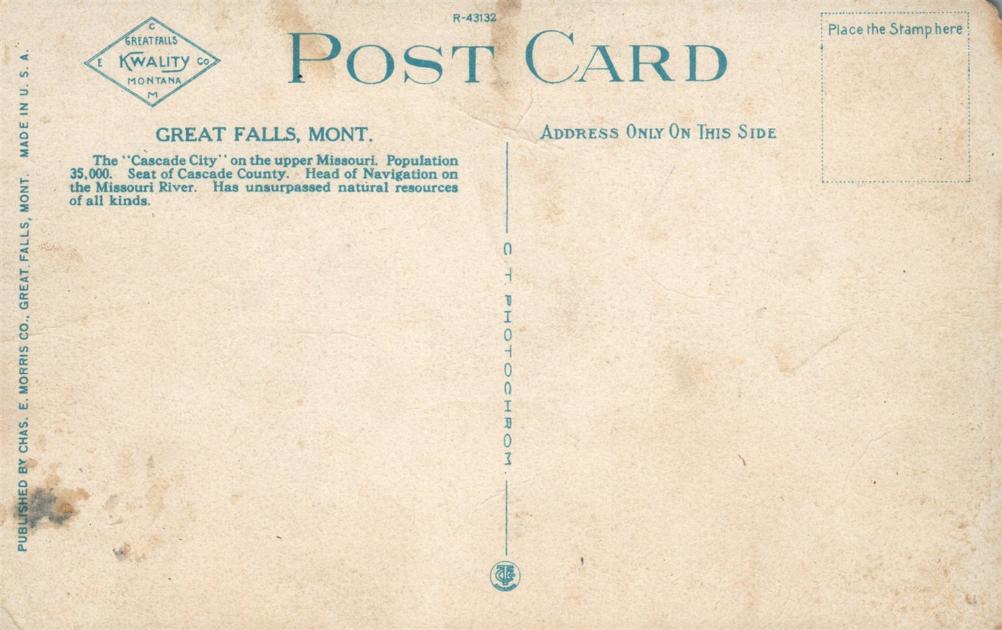 GREAT FALLS MT BIRDS EYE VIEWS ANTIQUE POSTCARD