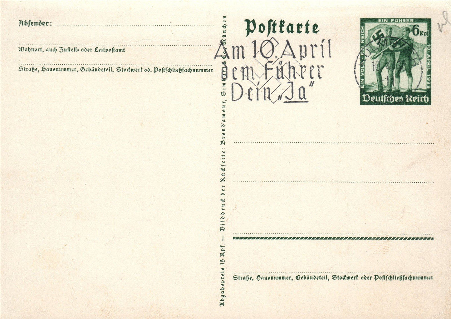 1938 NAZIS PROPAGANDA VINTAGE POSTCARD w/ HITLER