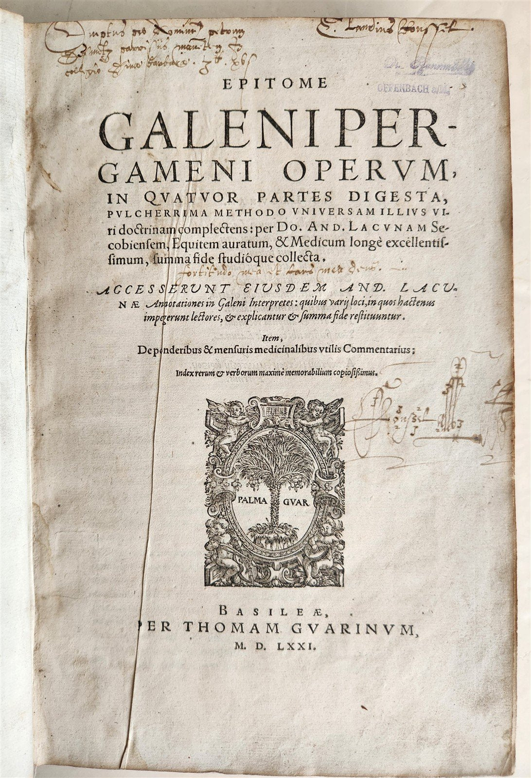 1571 MEDICAL TREATISE ILLUSTRATED antique 16th century FOLIO Epitome Galeni