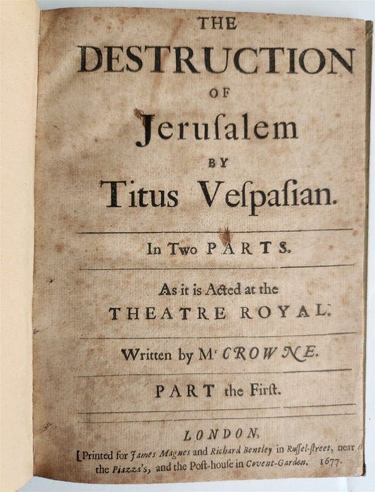 1677 Destruction of Jerusalem by Titus Vespasian antique Theatre play in ENGLISH