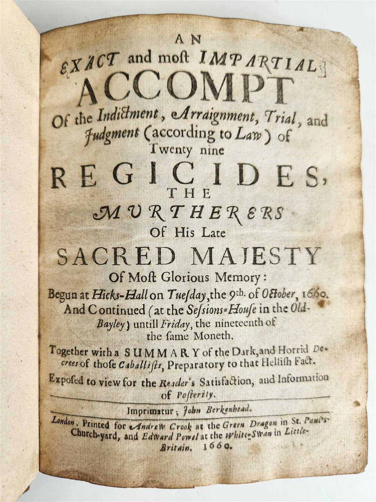 1660 Exact Impartial Accompt of Indictment Arraignment Trial Judgment ANTIQUE