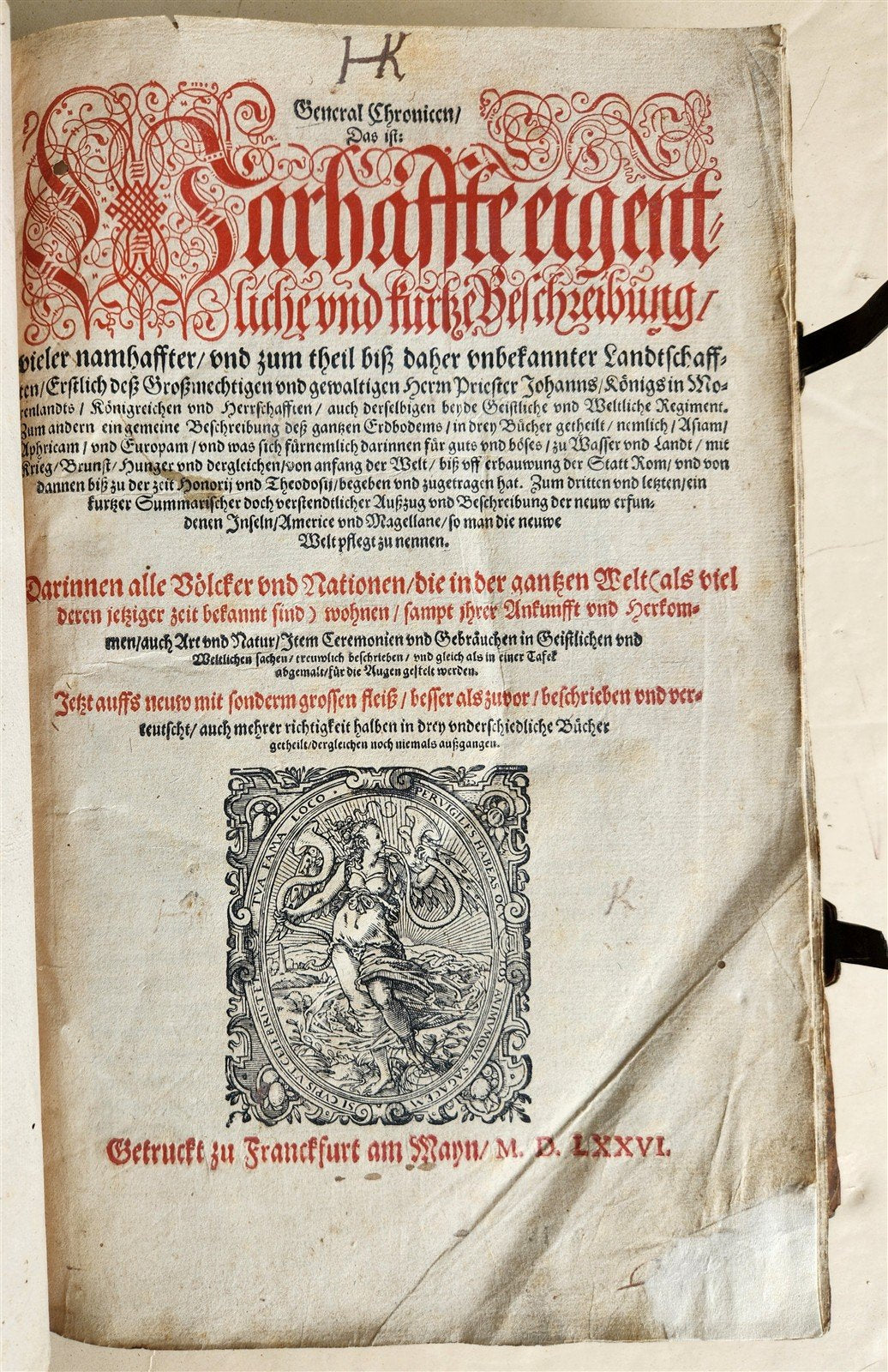 1576 ILLUSTRATED CHRONICLE pigskin bound folio ANTIQUE history & travel 15th C.