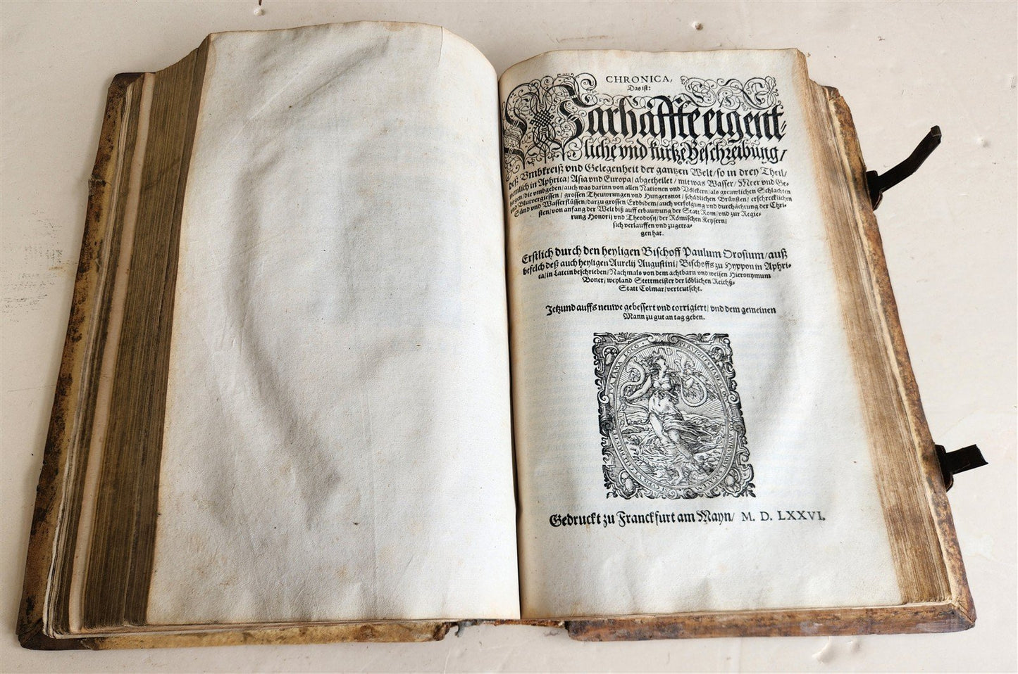 1576 ILLUSTRATED CHRONICLE pigskin bound folio ANTIQUE history & travel 15th C.