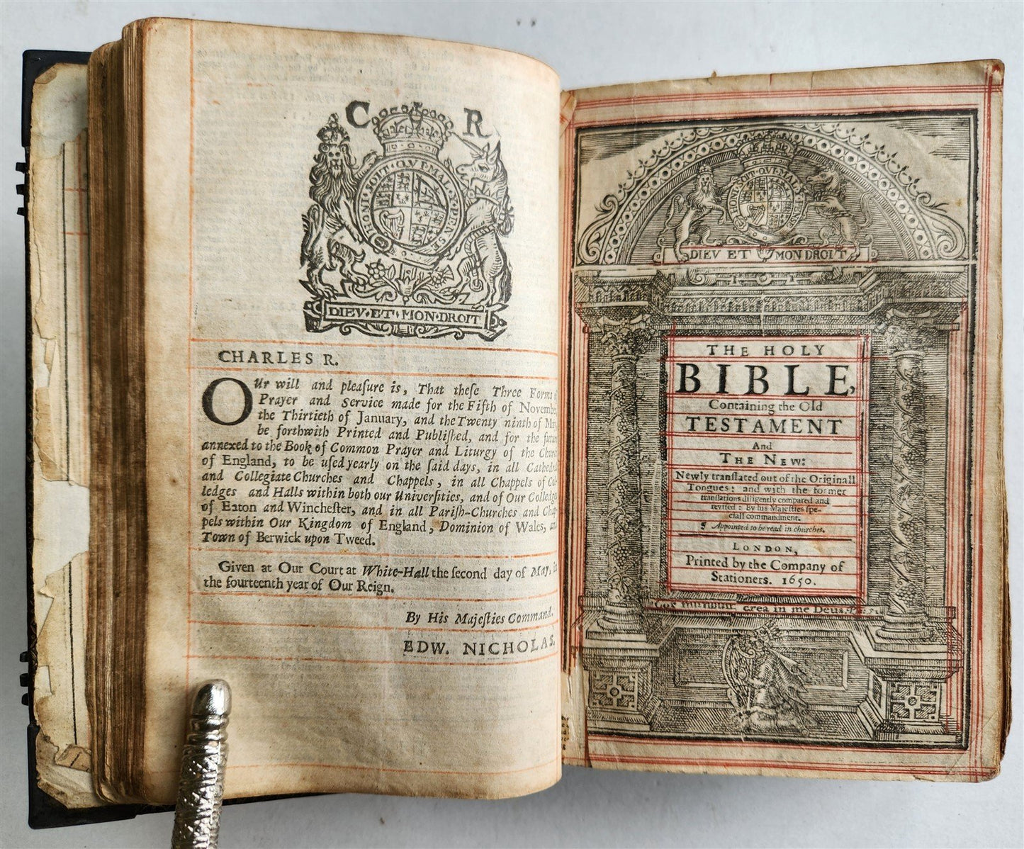 1650 BIBLE in ENGLISH antique FINE ORIGINAL BINDING w/ SILVER CORNER PIECES