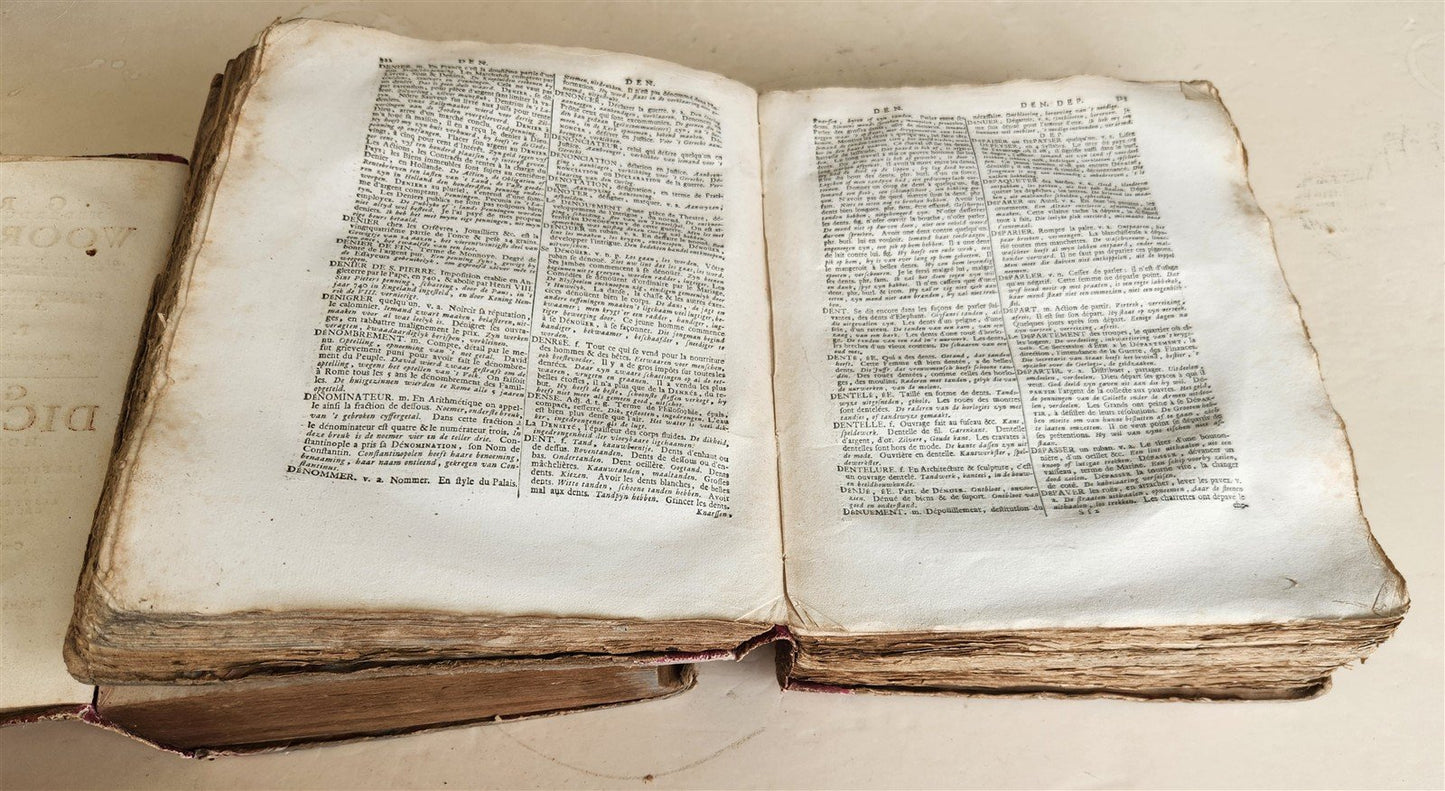 1743 DUTCH FRENCH DICTIONARY antique 2 FOLIO VOLUMES 18th CENTURY