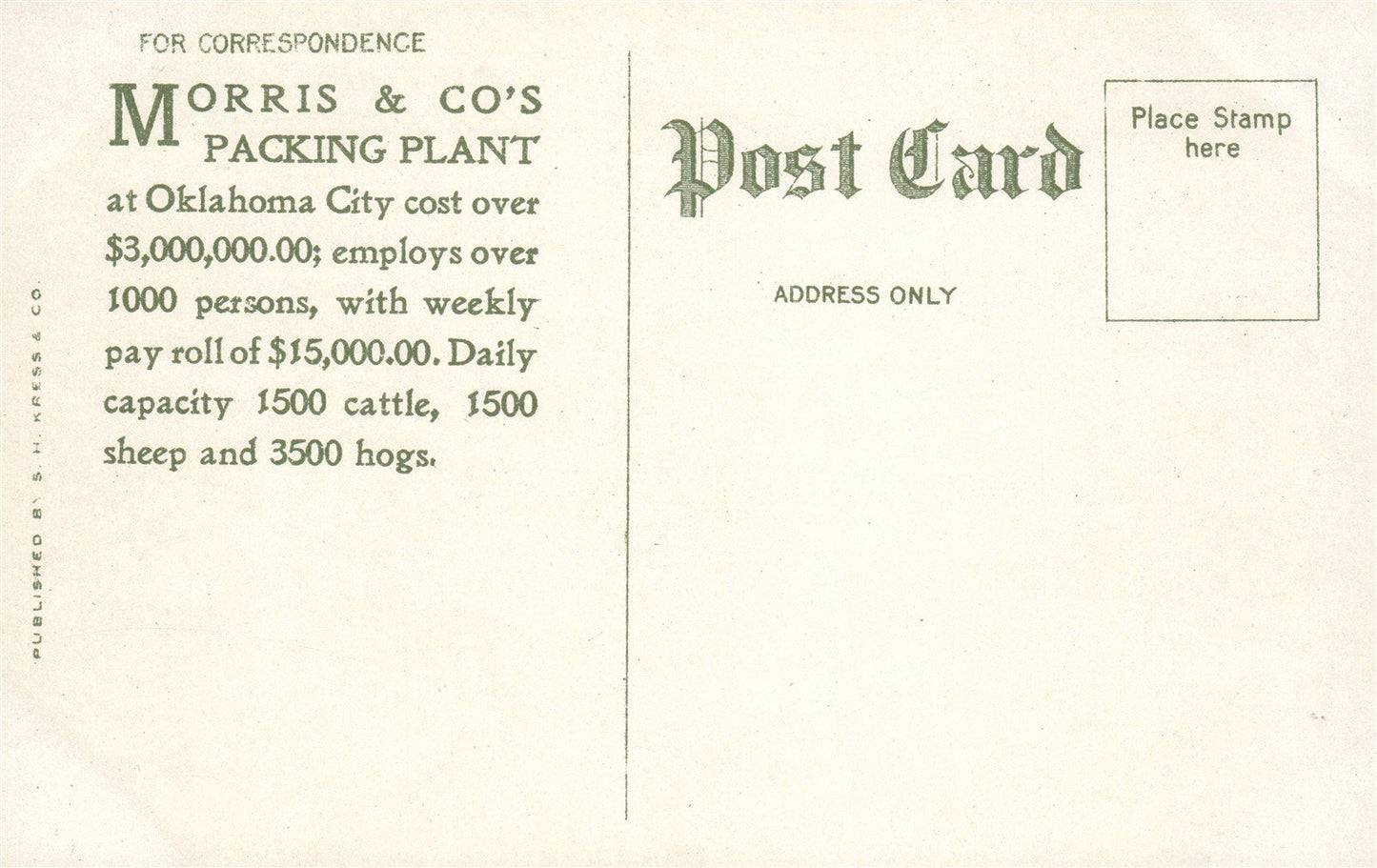 OKLAHOMA CITY OK MORRIS & CO. PACKING PLANT ANTIQUE POSTCARD