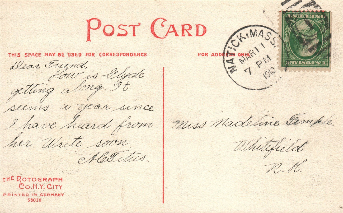NATICK MA WEST CENTRAL STREET ANTIQUE POSTCARD