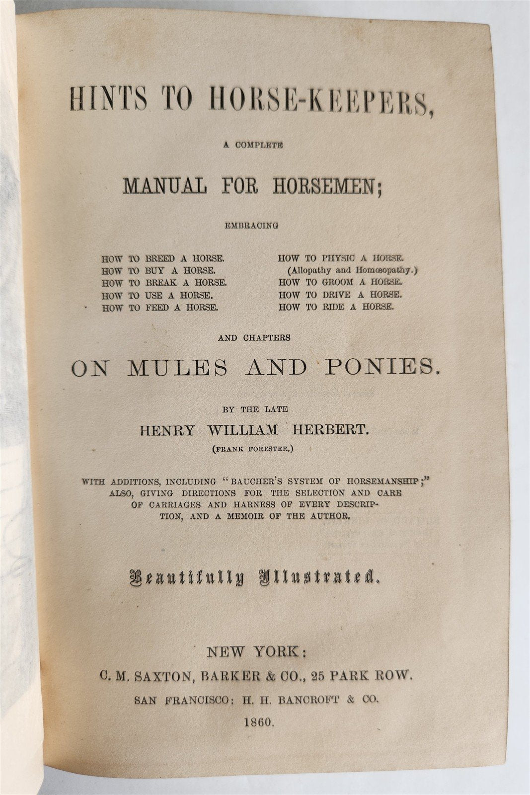 1860 HINTS FOR HORSE KEEPERS HORSEMEN MANUAL CIVIL WAR ERA illustrated ANTIQUE