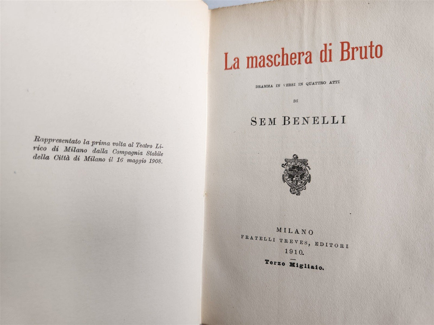 1910 LA MASCHERA di BRUTO antique poetry theatre VELLUM BOUND illustrated
