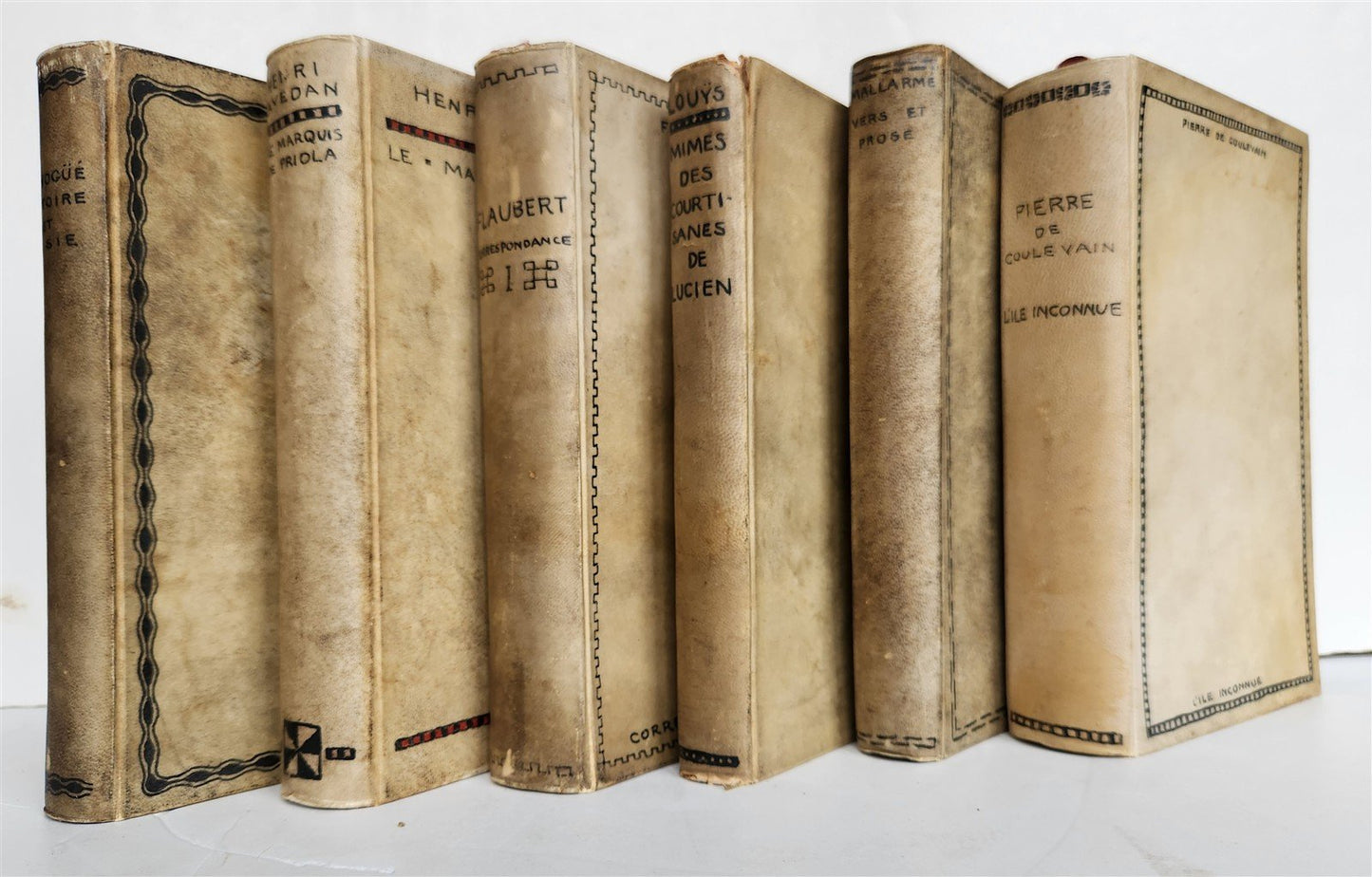LOT OF 6 ANTIQUE 1890s VELLUM BOUND BOOKS 19th CENTURY decorative