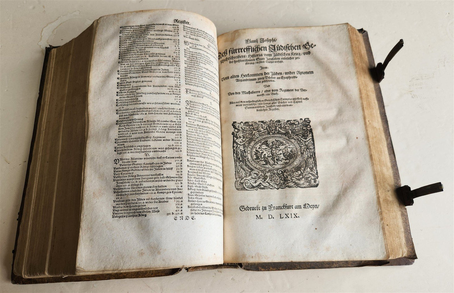 1569 FLAVIUS JOSEPHUS ILLUSTRATED JEWISH HISTORY antique PIGSKIN FOLIO JUDAICA