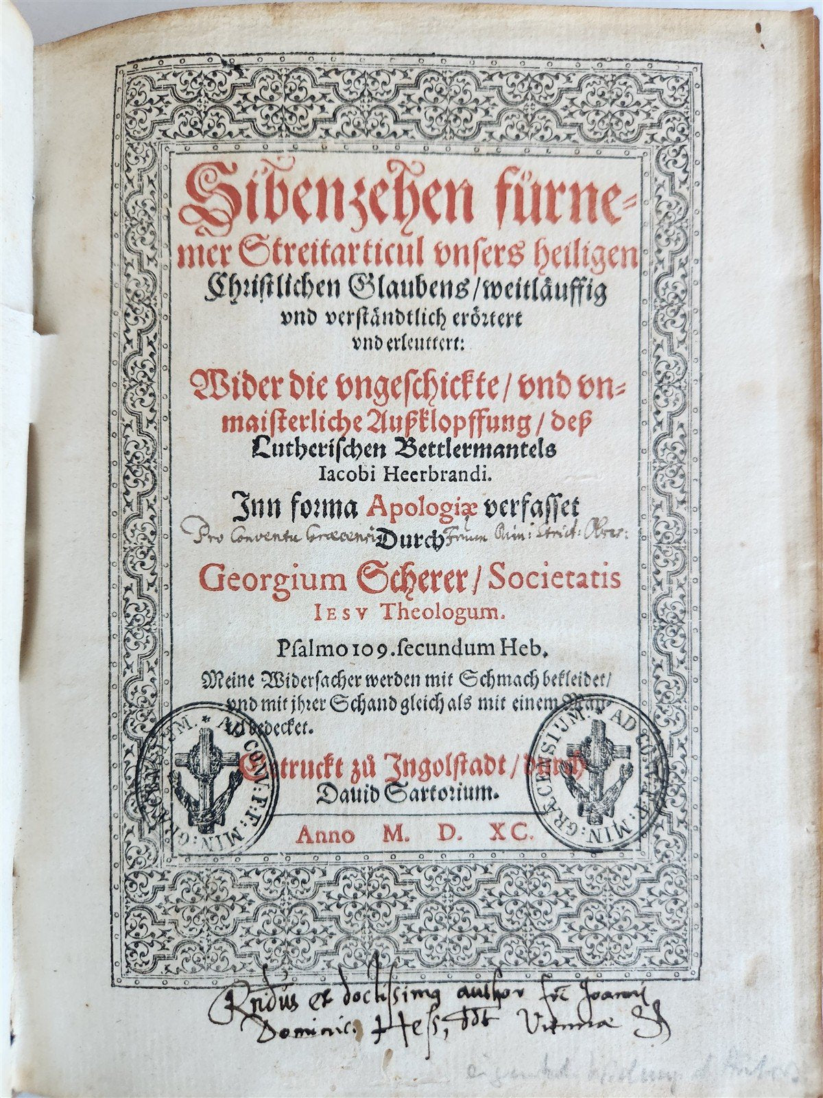 1590 THEOLOGY SIGNED by AUTHOR PIGSKIN over WOOD BINDING antique 16th CENTURY