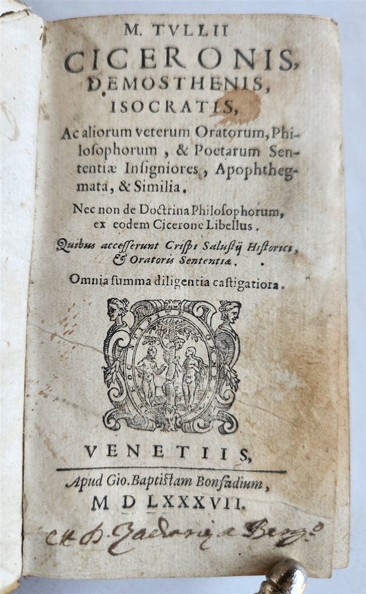 1587 CICERO Demosthenis Isocratis ac aliorum veterum oratorum antique VELLUM