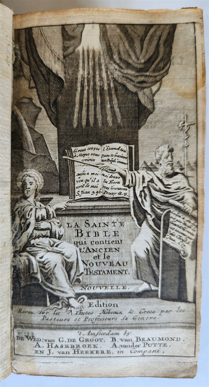 1733 BIBLE in FRENCH Old and New Testament DECORATIVE BINDING antique