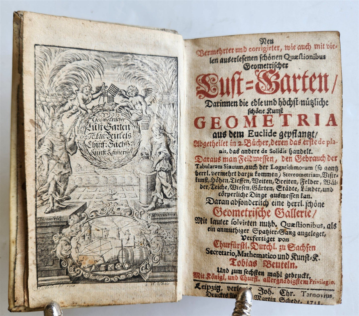 1712 GEOMETRY ILLUSTRATED antique in GERMAN vellum bound