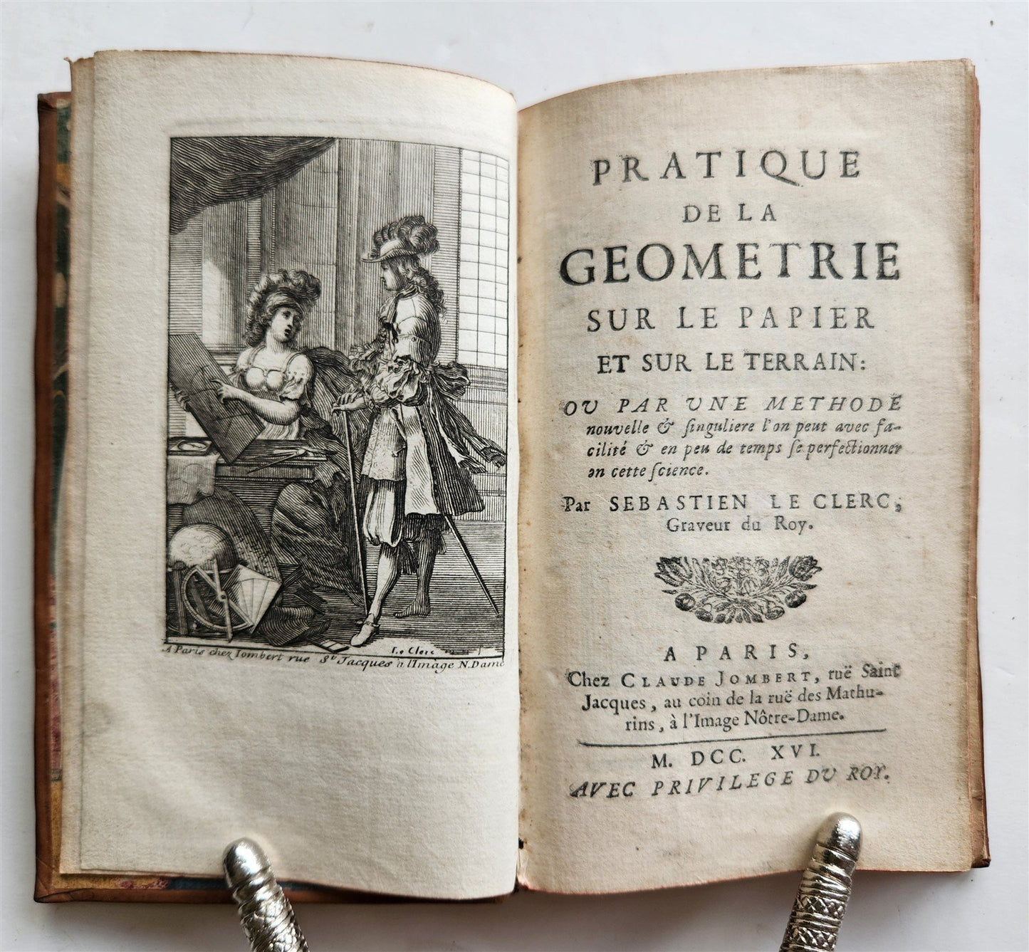 1716 GEOMETRY by LE CLERC antique ILLUSTRATED w/ 45 ENGRAVINGS