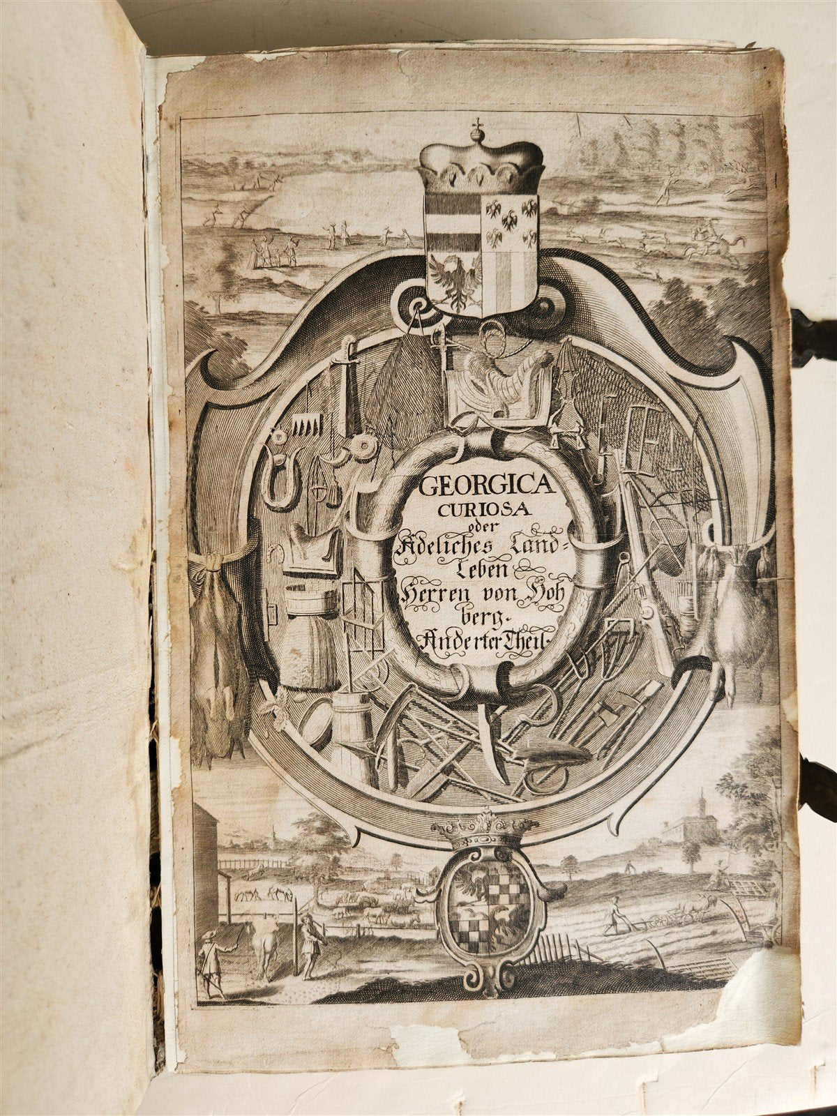 1682 Georgica curiosa ILLUSTRATED noble country life antique PIGSKIN BOUND FOLIO