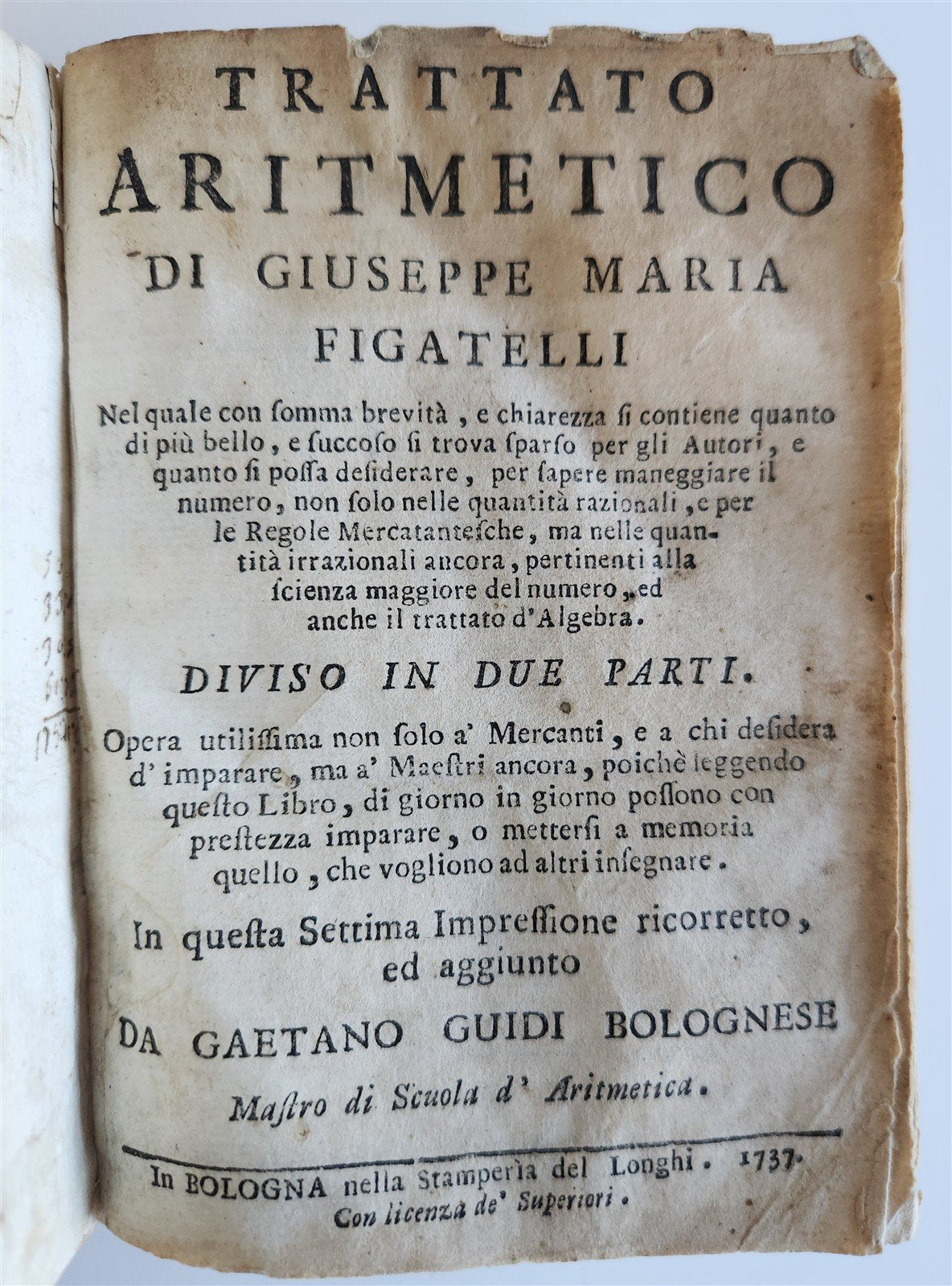 1737 ARITHMETIC TREATISE in ITALIAN antique Trattato aritmetico VELLUM BINDING