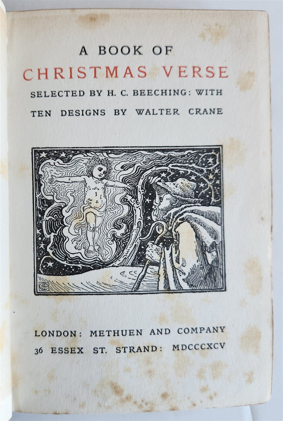 1895 BOOK of CHRISTMAS VERSE antique ILLUSTRATED by Walter Crane SIGNED BINDING
