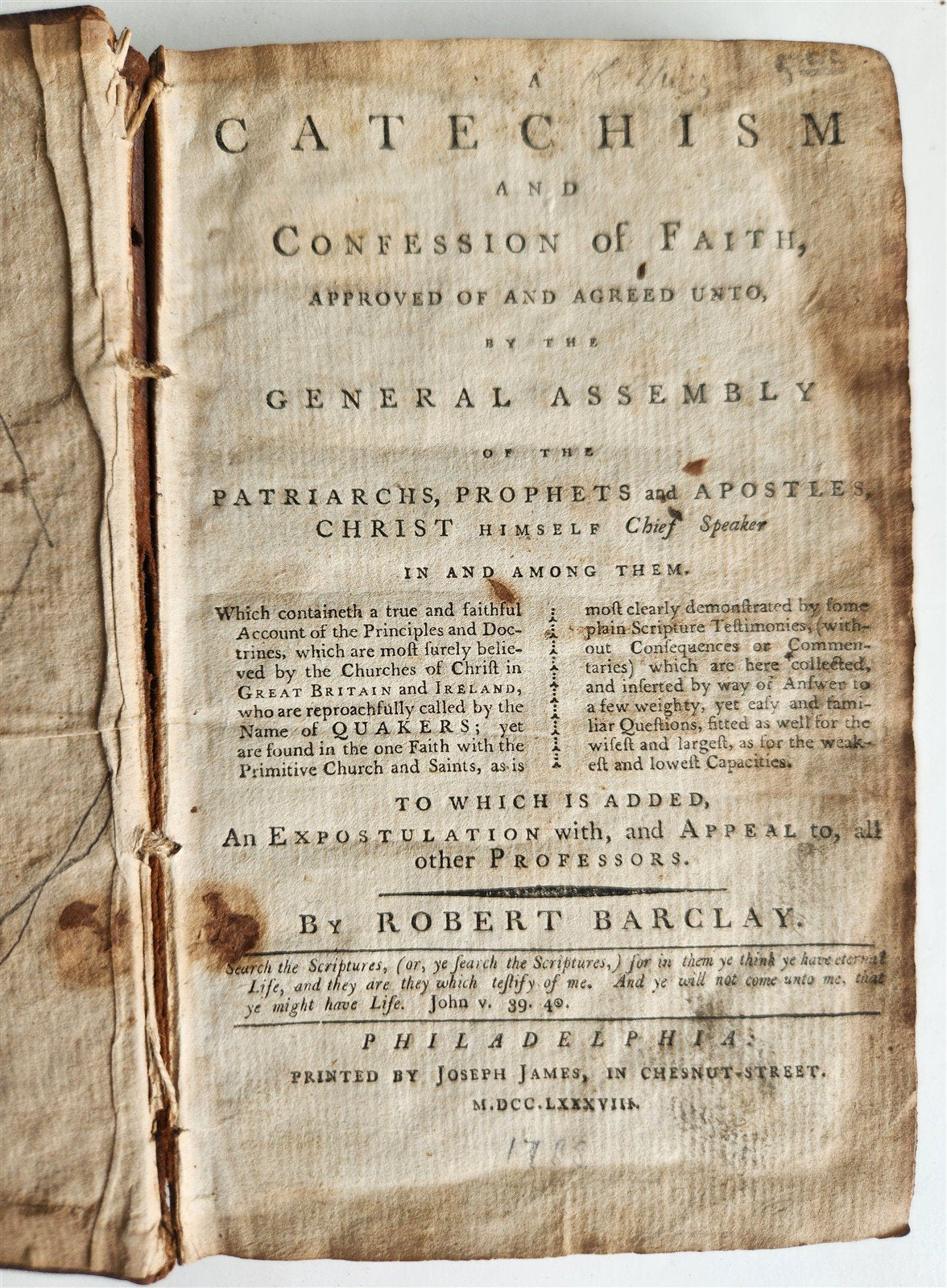1788 catechism & confession of faith by R.Barclay antique AMERICANA Philadelphia